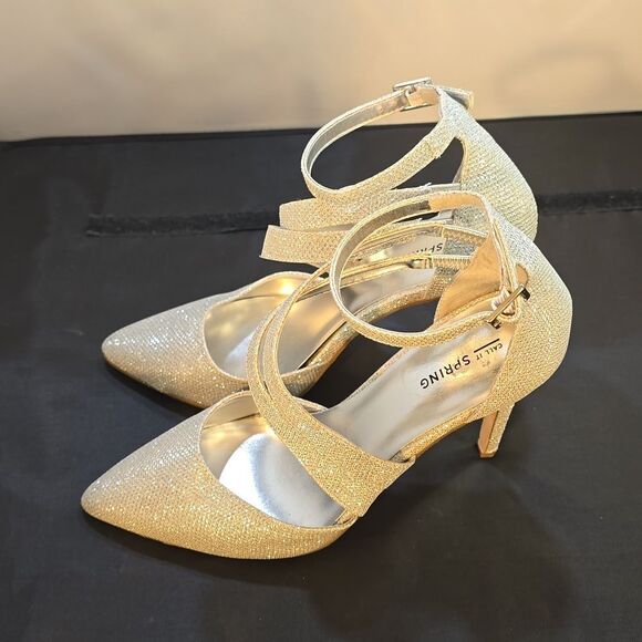 CALL IT SPRING  SILVER GLITTER HIGH HEEL POINTED TOE ANKLE STRAP PUMP - Picture 8 of 15